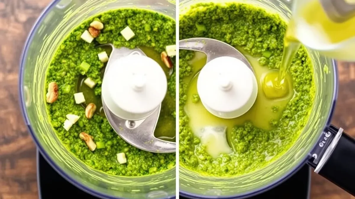 Close-up of fresh basil leaves, cottage cheese, provolone, and pine nuts being blended in a food processor to make homemade pesto sauce. - Olive oil being slowly drizzled into a food processor with cottage cheese, provolone, and basil to make creamy pesto sauce