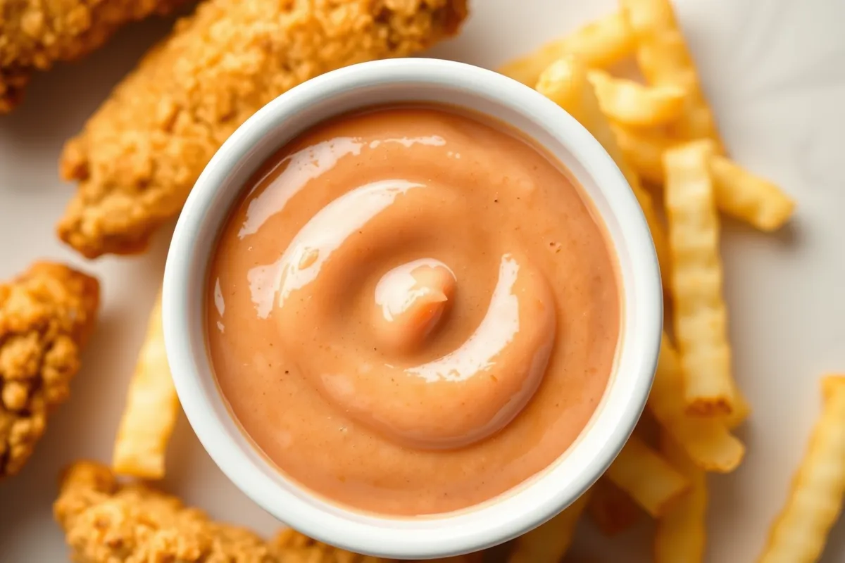 Close-up of homemade Cane's sauce served with crispy chicken tenders and crinkle-cut fries on a white bowl, perfect for dipping