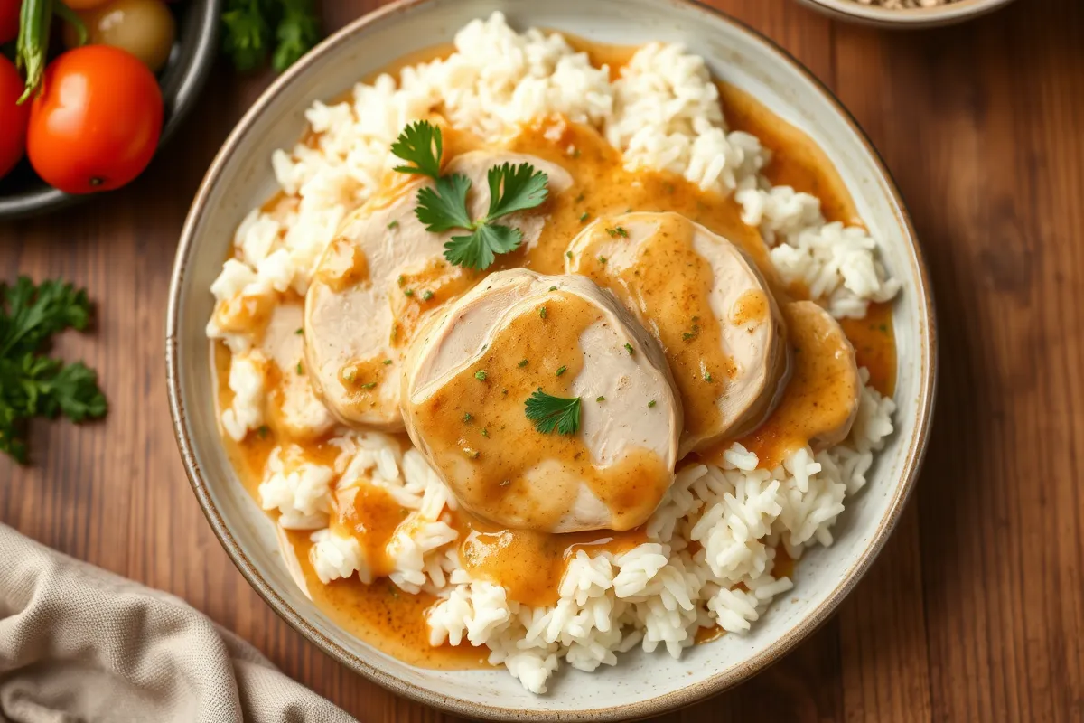 Delicious chicken and rice sauce recipe with tender chicken breast, creamy sauce, and fluffy rice, garnished with fresh parsley, perfect for a hearty dinner