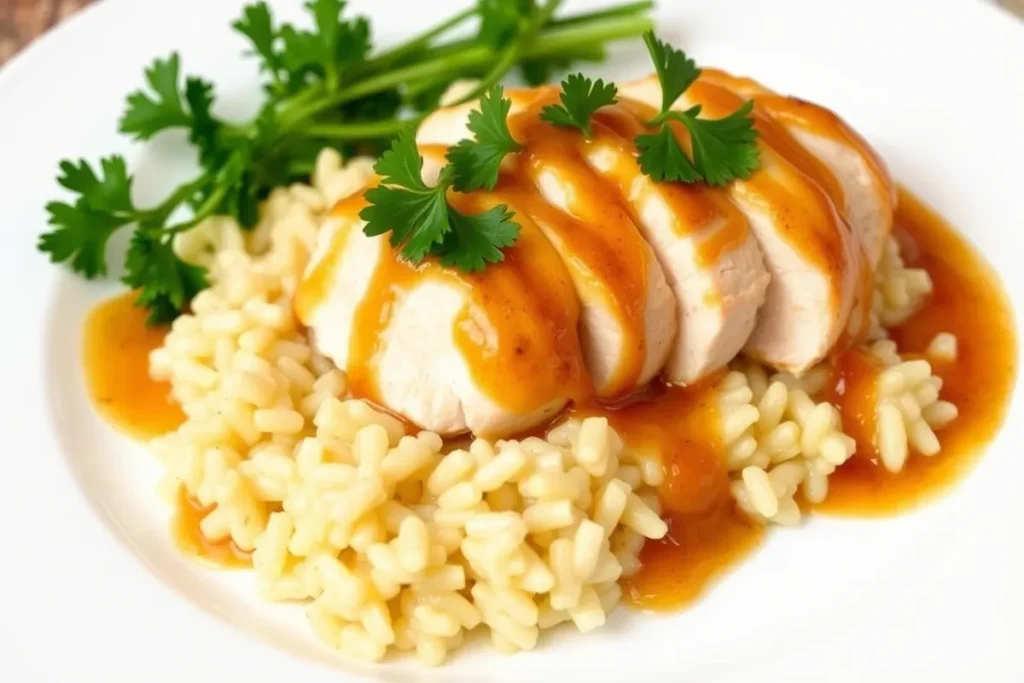 Sliced chicken breast over creamy rice with sauce and fresh parsley garnish for the Chicken and Rice Sauce Recipe