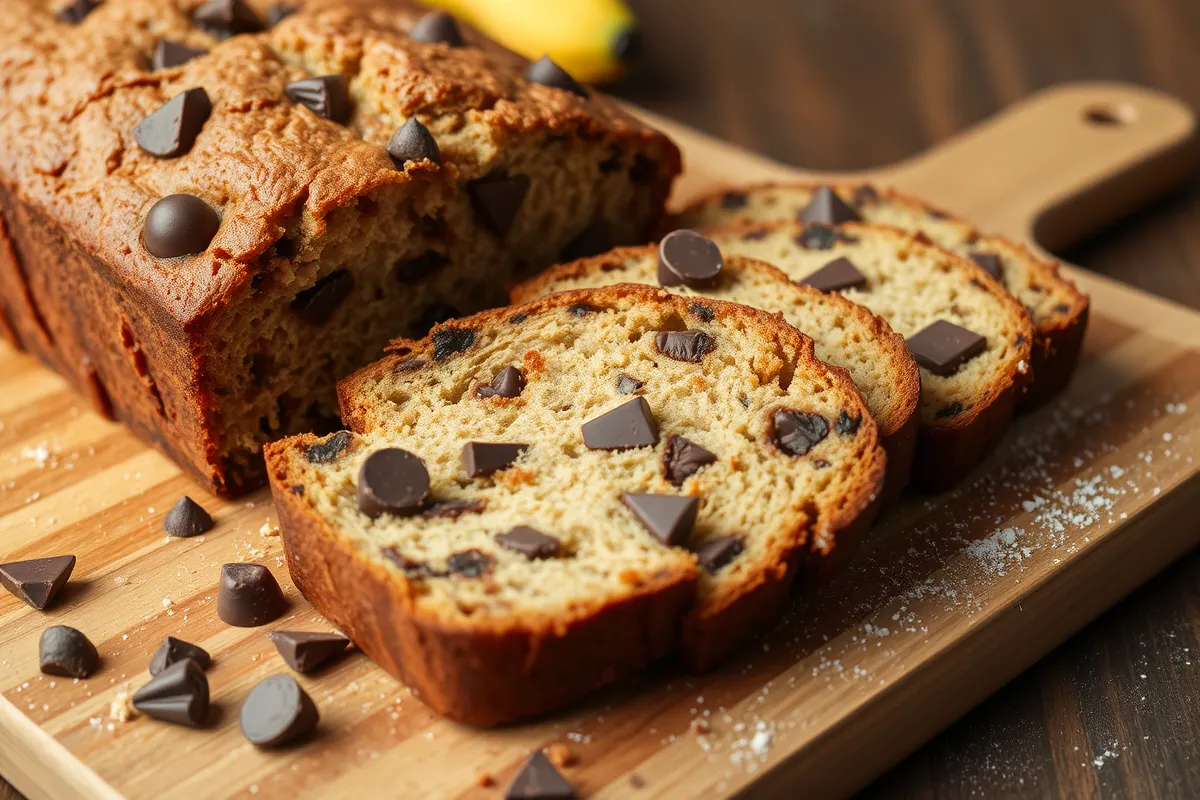 Delicious and moist chocolate chunk banana bread with melty chocolate chunks and bananas, perfect for a sweet breakfast or dessert