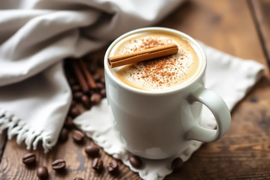 A creamy, spiced Coffee Loophole Recipe served in a white mug, topped with cinnamon, offering a warm and energizing drink