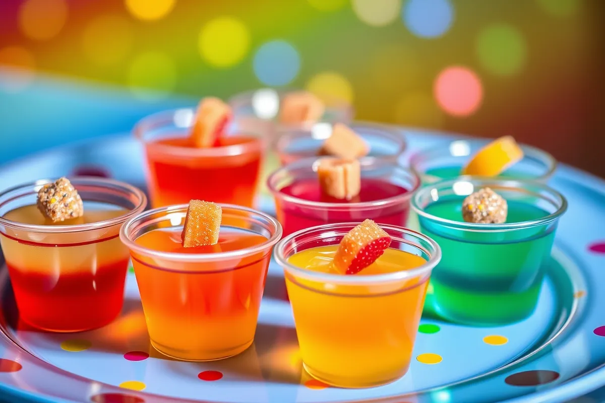 A tray of colorful Jello Shots garnished with fruit and candy, perfect for parties and gatherings