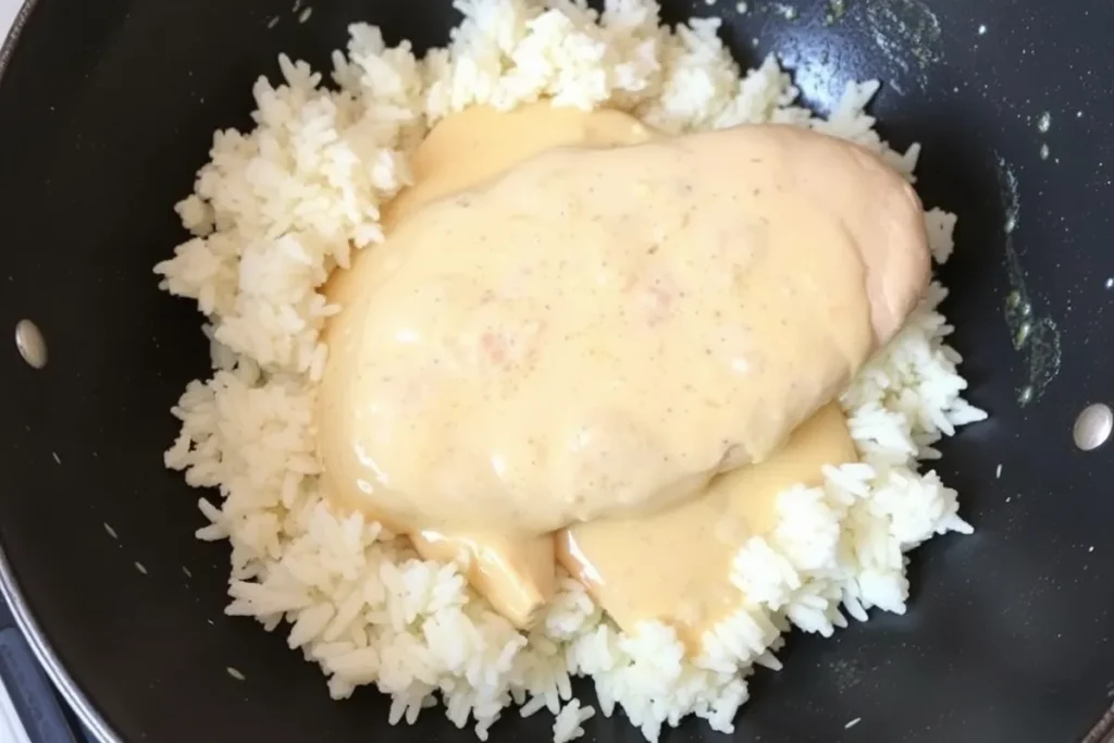 Chicken breast with rice in a skillet, covered with creamy sauce for the Chicken and Rice Sauce Recipe