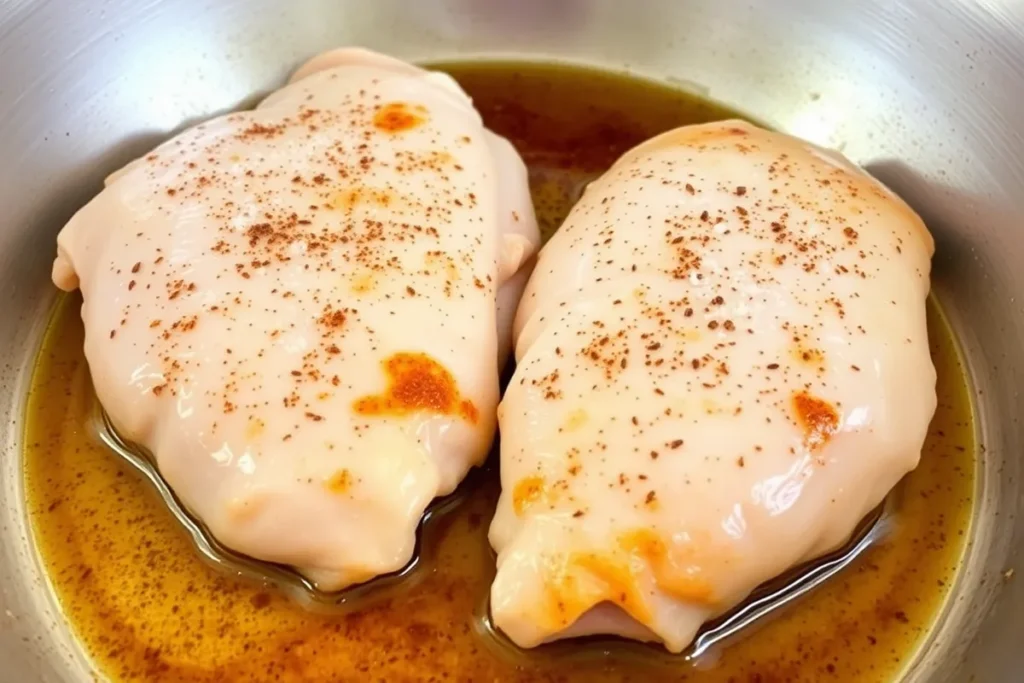 Golden-brown boneless chicken breasts cooking in a skillet for the Chicken and Rice Sauce Recipe