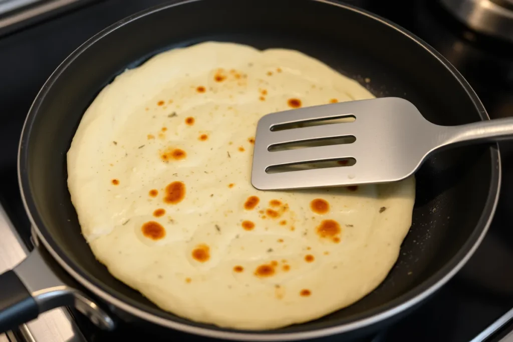 Cottage cheese flatbread cooking on a skillet, forming golden brown spots as it cooks.