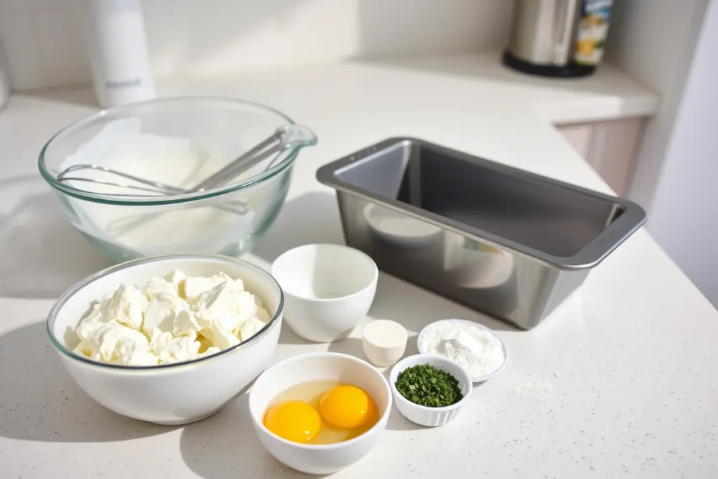 Ingredients for cottage cheese bread, including flour, cottage cheese, eggs, and herbs, neatly organized on a kitchen countertop