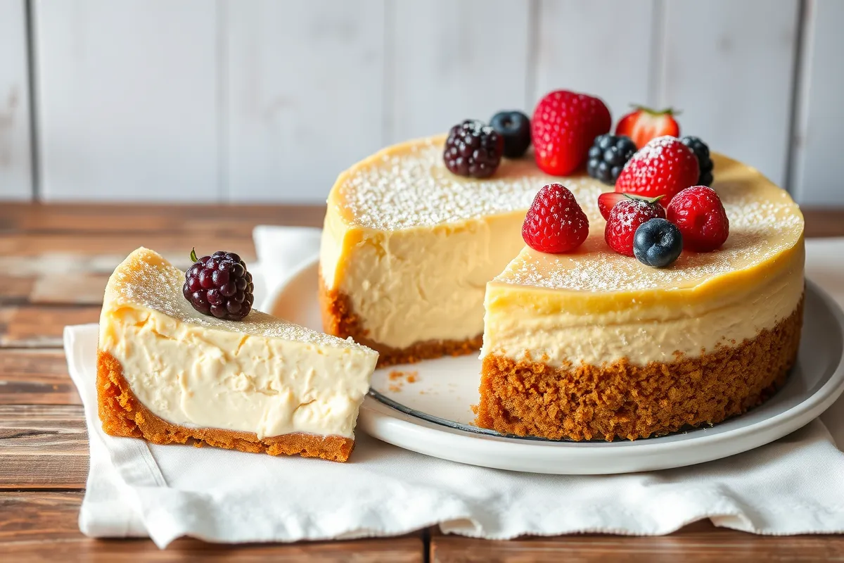 Delicious homemade cottage cheese cheesecake with fresh berries on top, showing a smooth creamy filling and golden graham cracker crust, perfect for a guilt-free dessert