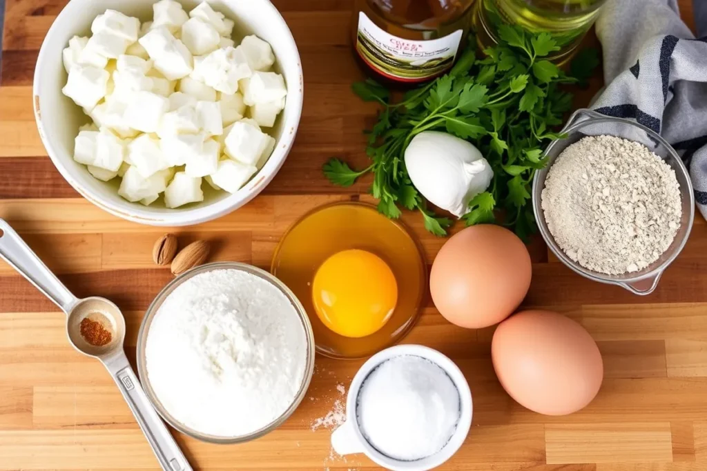 Ingredients for cottage cheese flatbread: cottage cheese, eggs, almond flour, garlic powder, onion powder, olive oil, and fresh herbs. Perfect for a gluten-free, low-carb flatbread recipe