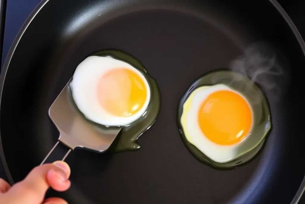 Cracking the Eggs into the Pan - Flipping the Eggs Carefully 