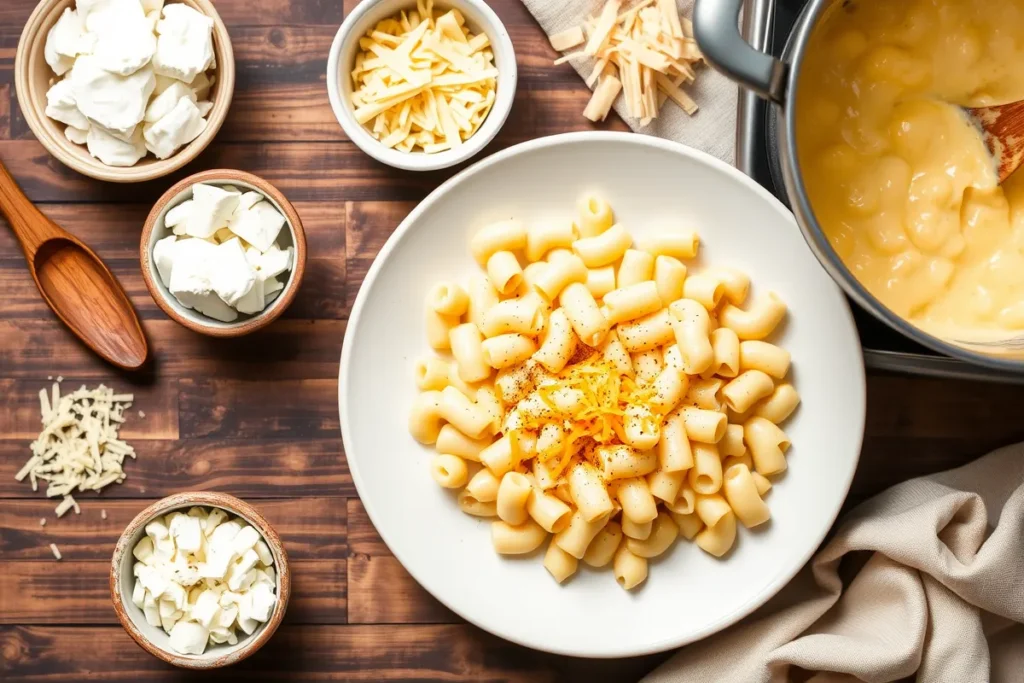 A plate of protein mac and cheese made with cottage cheese and shredded cheddar, topped with extra cheese and a sprinkle of seasoning, showcasing the creamy, cheesy goodness