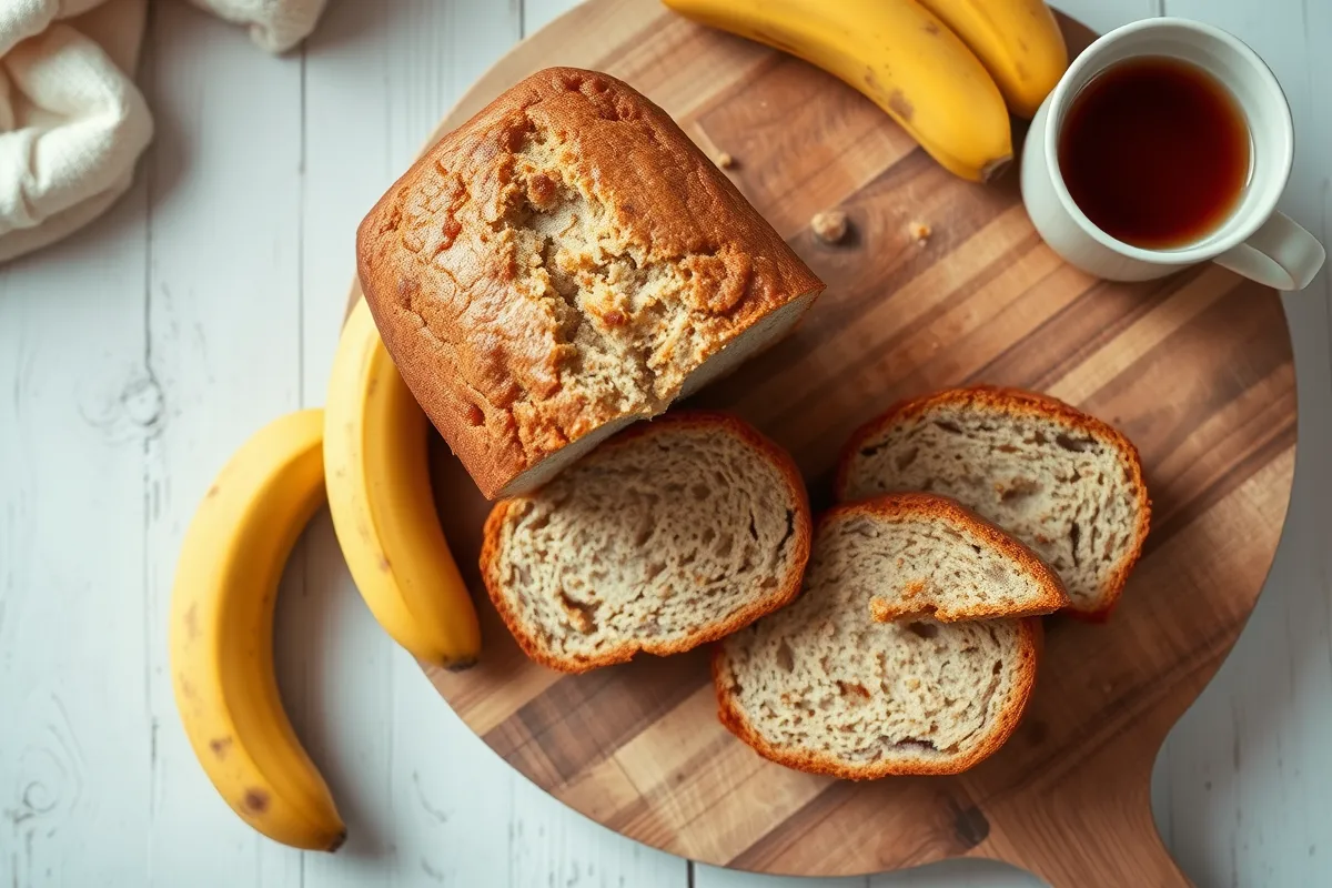 Banana bread slices with a golden crust, served on a wooden plate, showcasing the moist texture and topped with fresh banana slices