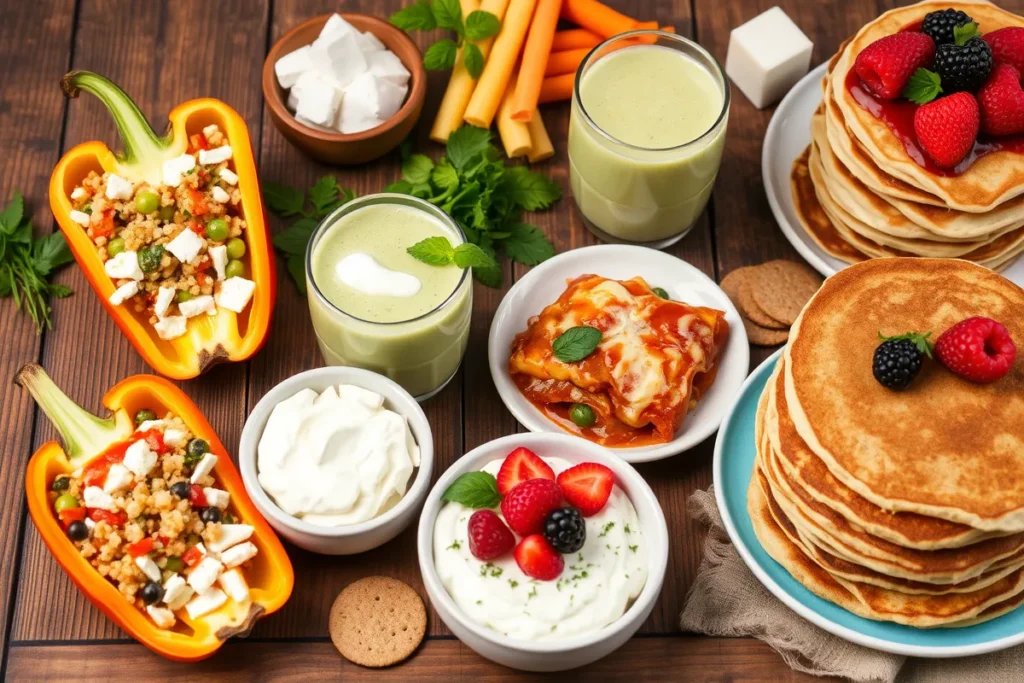 A collection of high-protein recipes featuring cottage cheese: stuffed peppers, lasagna, smoothie, dip, and pancakes, showcasing the versatility and nutritional benefits of cottage cheese