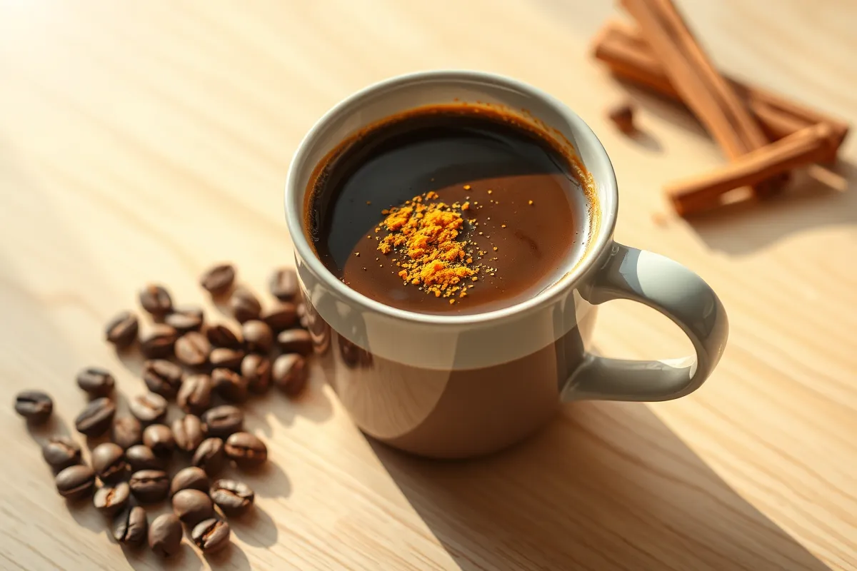 A cozy cup of coffee showcasing the Coffee Loophole Recipe, garnished with turmeric and surrounded by coffee beans, perfect for a morning boost or midday pick-me-up