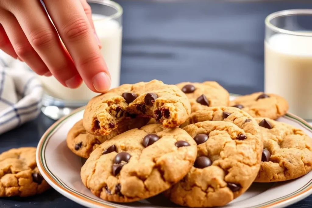 A plate of fresh Nestlé Toll House cookies served with a glass of milk, with a hand reaching for one cookie