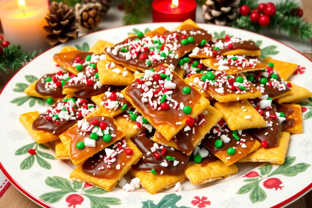 A tray of Christmas Cracker Candy with saltine crackers, toffee, melted chocolate, and festive toppings like crushed candy canes and sprinkles, presented on a holiday-themed plate with seasonal decorations