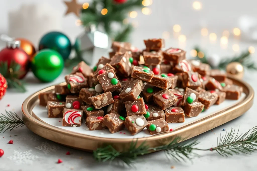 Bite-sized pieces of Christmas Cracker Candy on a festive serving tray, perfect for holiday celebrations