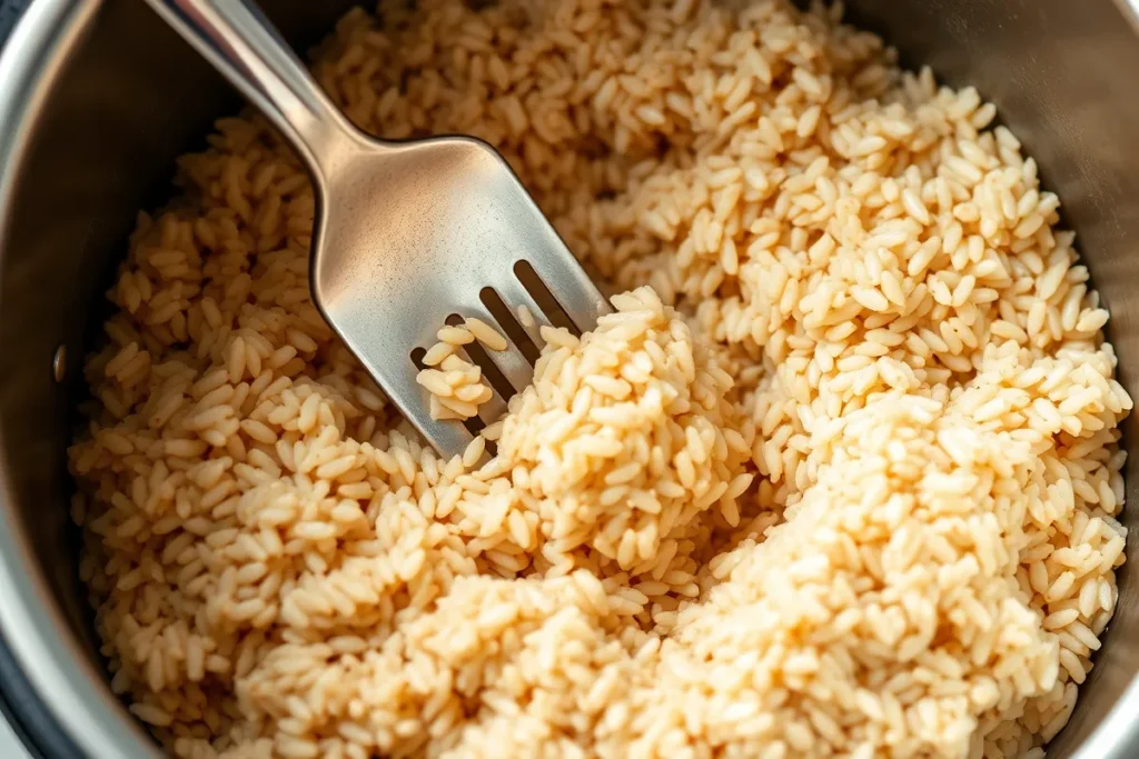 Fluffing cooked brown rice with a fork to separate the grains, creating a light and fluffy texture.
