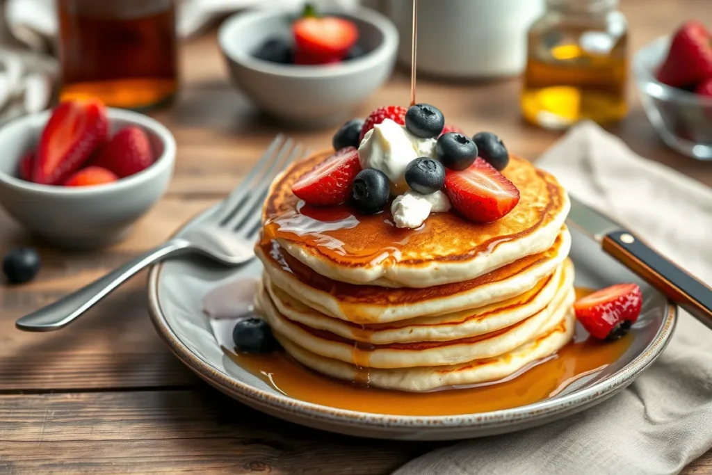 Stack of golden-brown cottage cheese pancakes topped with fresh berries, maple syrup, and cottage cheese, perfect for a protein-rich breakfast