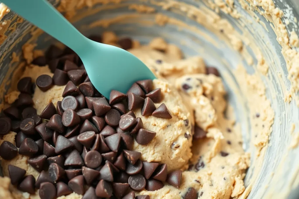 Chocolate chips being folded into cottage cheese cookie dough for a delicious, edible cookie dough treat