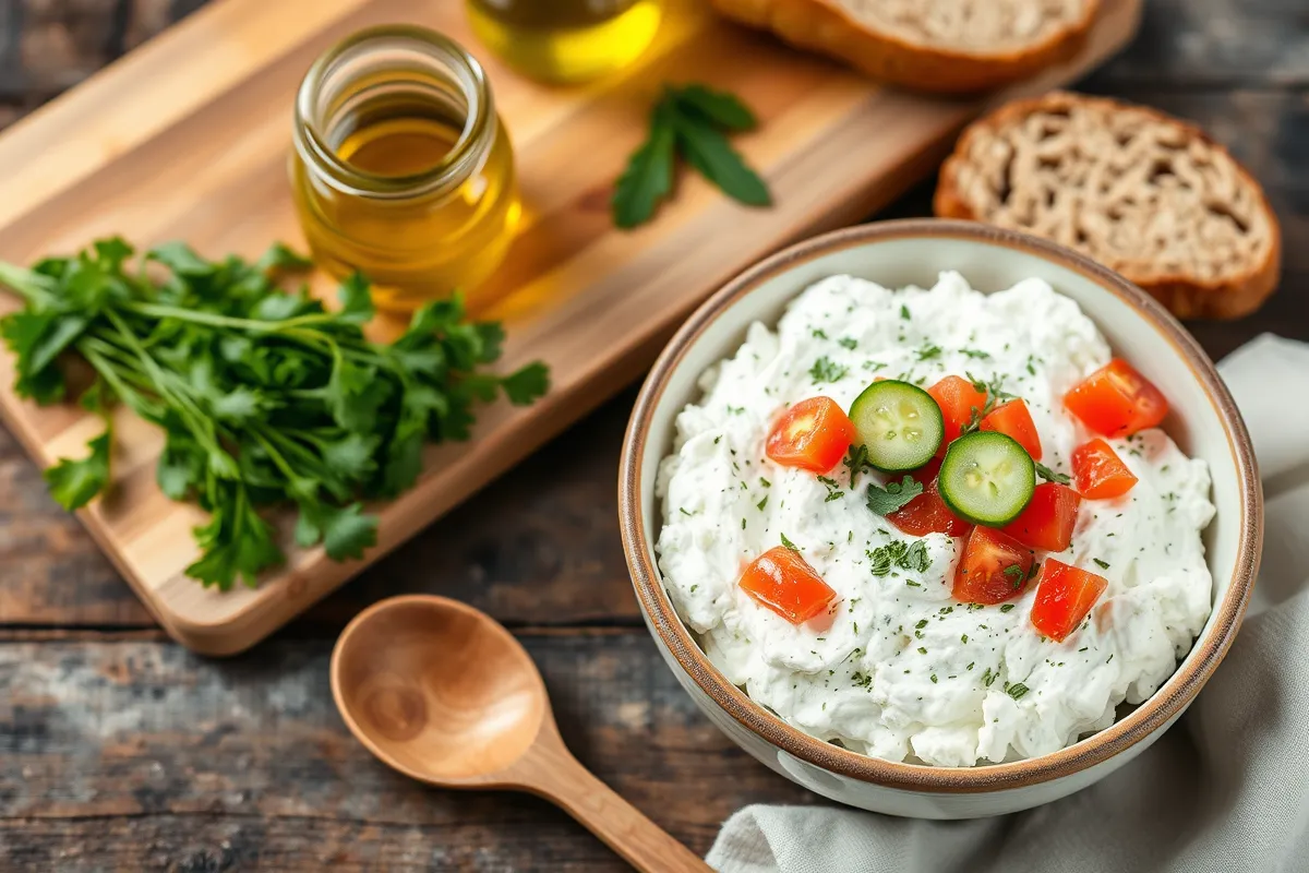 A bowl of creamy cottage cheese topped with fresh herbs, diced tomatoes, and cucumber slices, with whole-grain bread and herbs in the background for a nutritious, high-protein meal