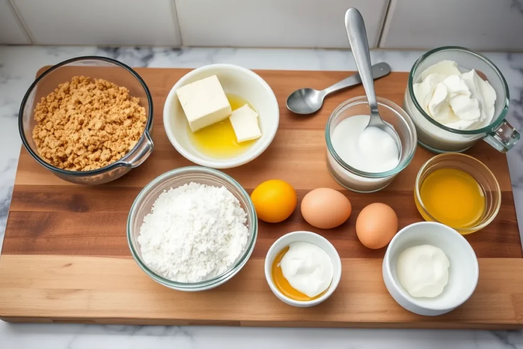 Fresh ingredients for Cottage Cheese Cheesecake, including graham cracker crumbs, melted butter, cottage cheese, cream cheese, sugar, eggs, vanilla extract, lemon juice, cornstarch, and Greek yogurt, arranged on a kitchen countertop for a homemade dessert