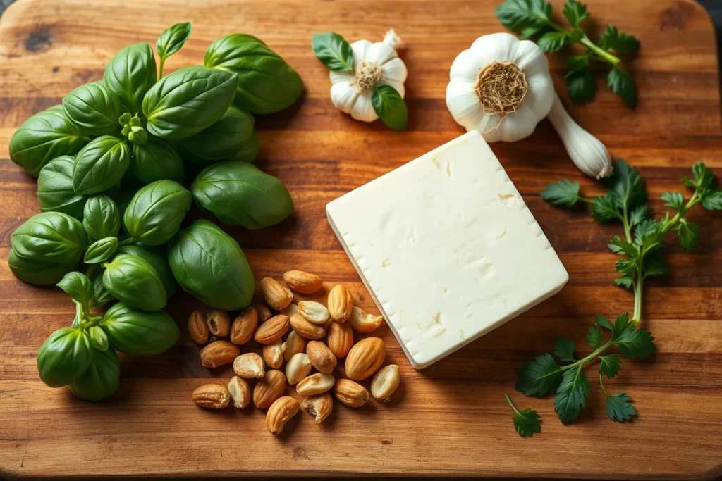 Fresh basil leaves, cottage cheese, grated provolone, garlic cloves, and pine nuts on a wooden cutting board, ready for blending into a creamy pesto sauce