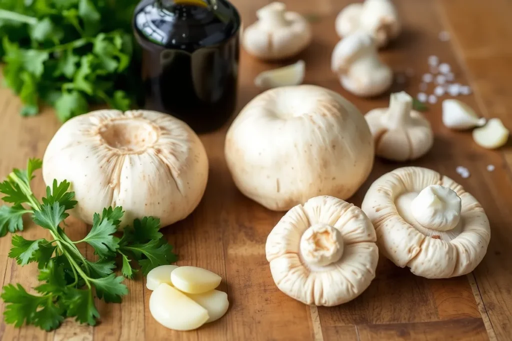 Fresh ingredients for a Lion’s Mane mushroom recipe, including mushrooms, garlic, soy sauce, and fresh herbs, arranged on a rustic kitchen countertop for a homemade feel