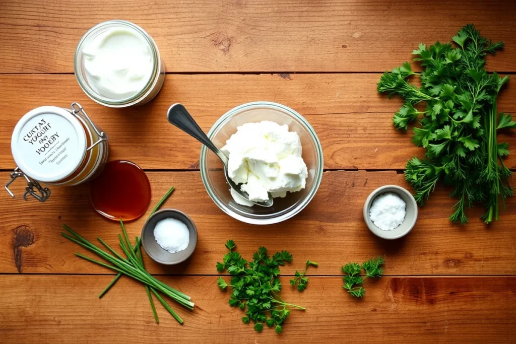 A rustic kitchen counter with ingredients for homemade whipped cottage cheese: cottage cheese, Greek yogurt, honey, fresh herbs, and a pinch of salt