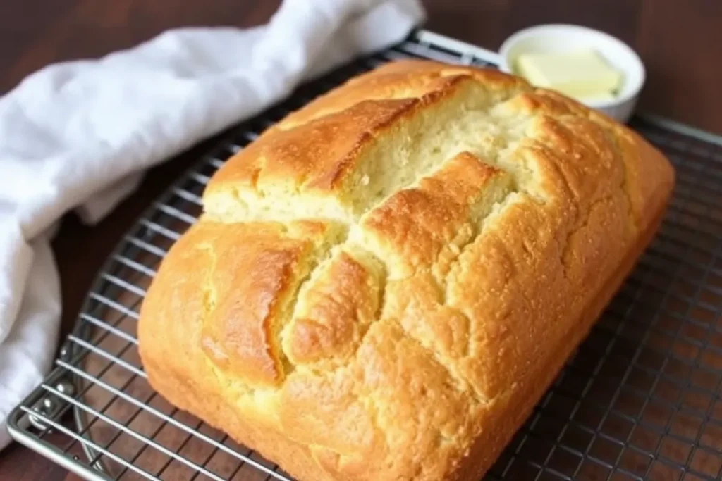 Golden brown cottage cheese bread cooling on a wire rack, ready to slice and enjoy