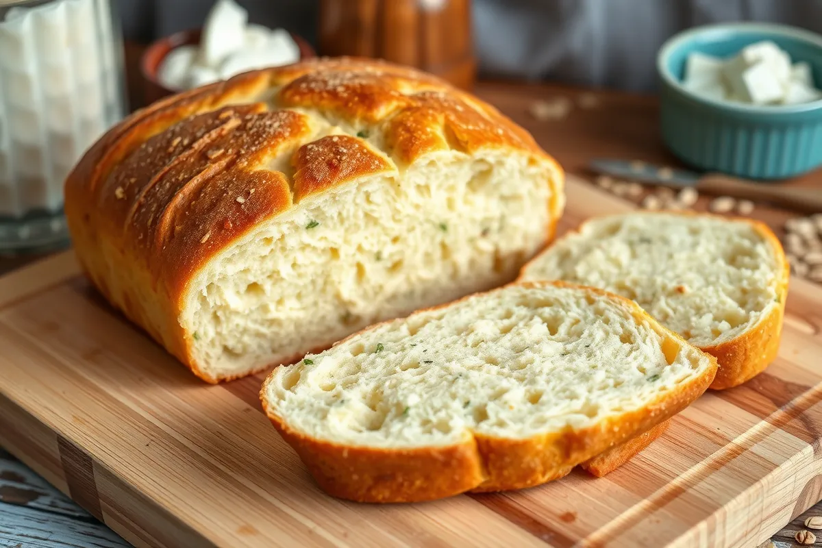 Golden-brown cottage cheese bread loaf sliced on a wooden cutting board, showing a soft, fluffy interior with herbs on top, set in a rustic kitchen with natural lighting