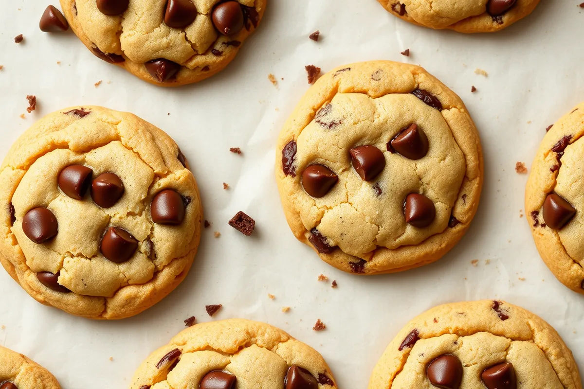 Golden brown Nestlé Toll House chocolate chip cookies on a baking sheet with melted chocolate chips, showcasing a homemade and delicious cookie recipe