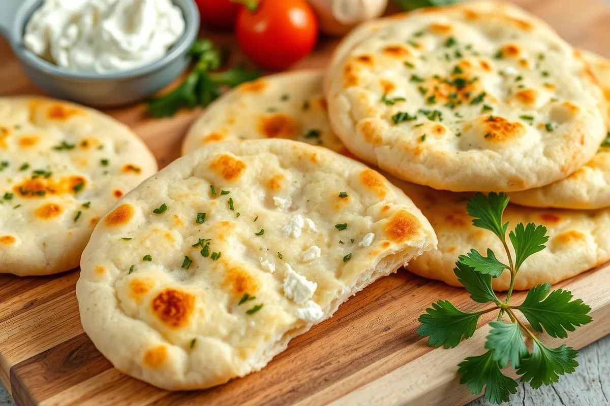 Golden brown cottage cheese flatbread with a soft, fluffy texture, garnished with fresh herbs, perfect gluten-free and low-carb flatbread option