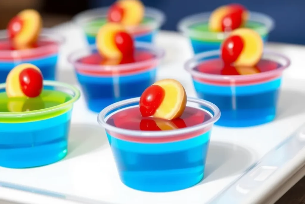 Colorful Jello Shots garnished with fruit, displayed on a tray for serving