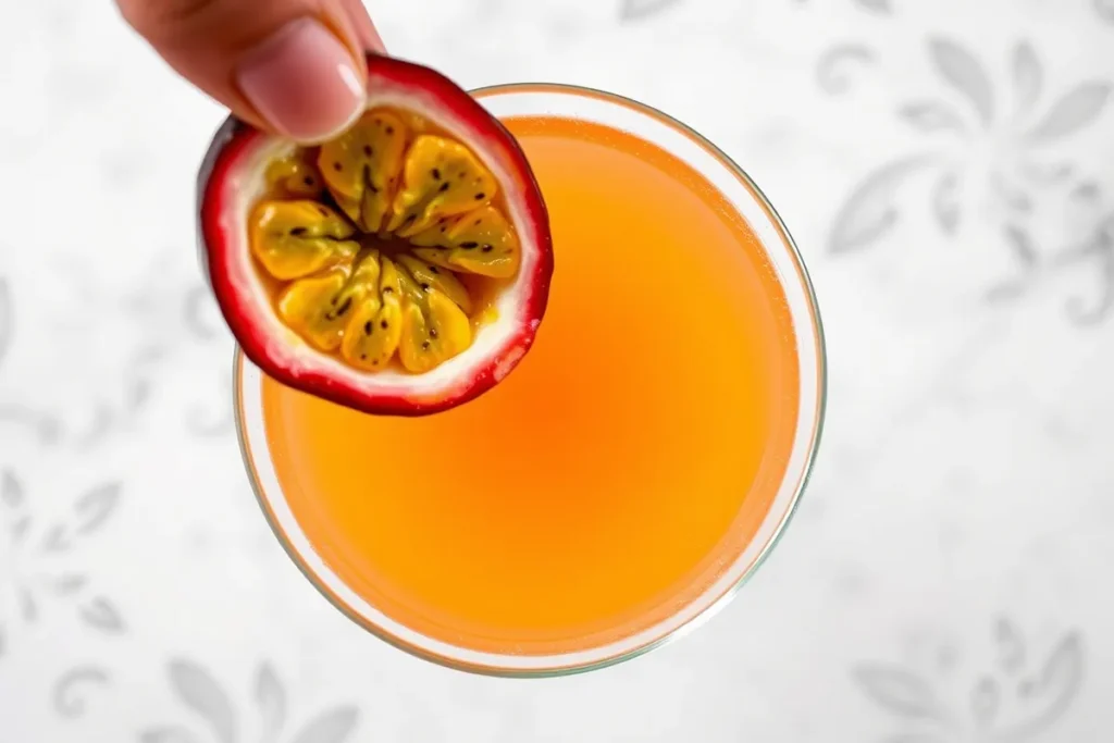 Adding a halved passion fruit garnish to the Porn Star Martini for a stunning final touch.