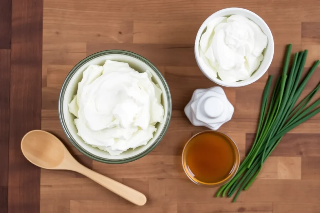 Fresh ingredients for whipped cottage cheese recipe, including cottage cheese, Greek yogurt, honey, and herbs on a wooden counter