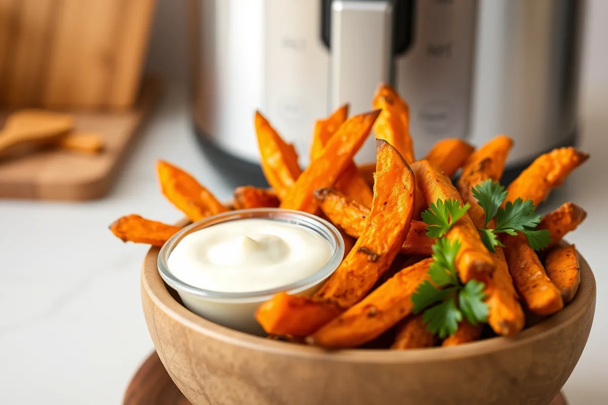 Close-up of golden-brown air-fried sweet potato fries served with garlic aioli in a rustic bowl, showcasing the perfect caramelized texture and crispiness