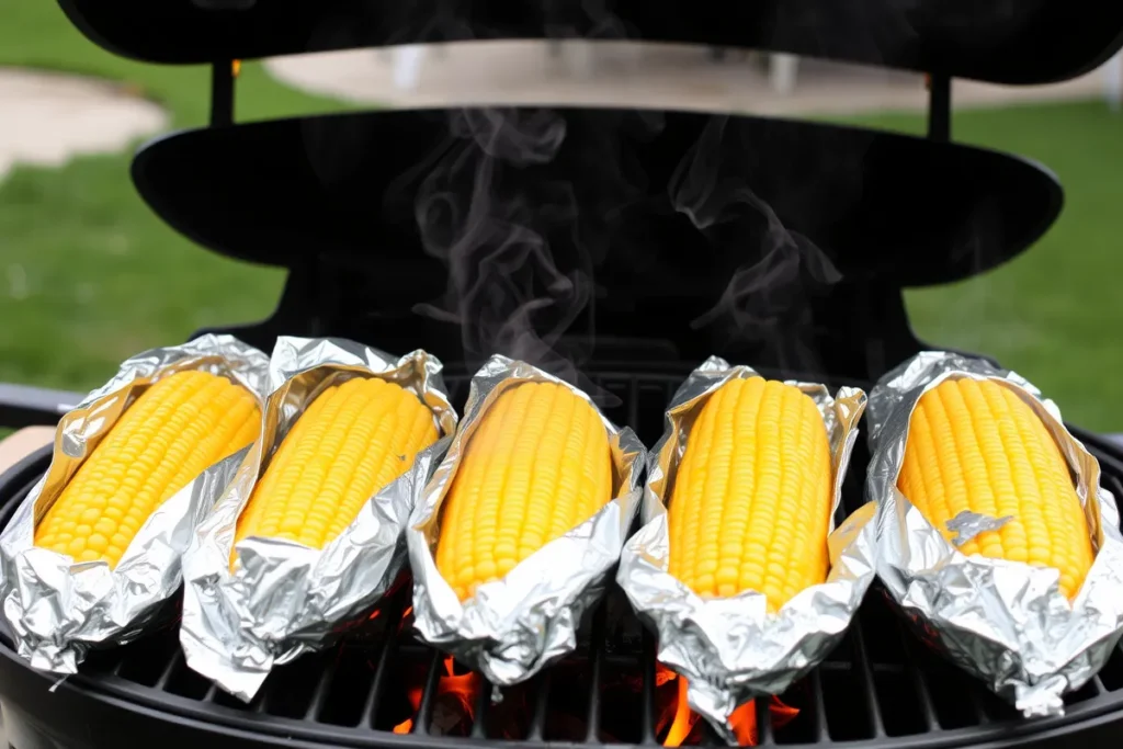 Frozen corn on the cob wrapped in foil cooking on a grill, with a sunny backyard in the background.