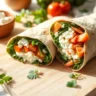 A nutritious cottage cheese wrap filled with fresh vegetables, sliced in half on a wooden board, showcasing a high-protein, healthy meal option