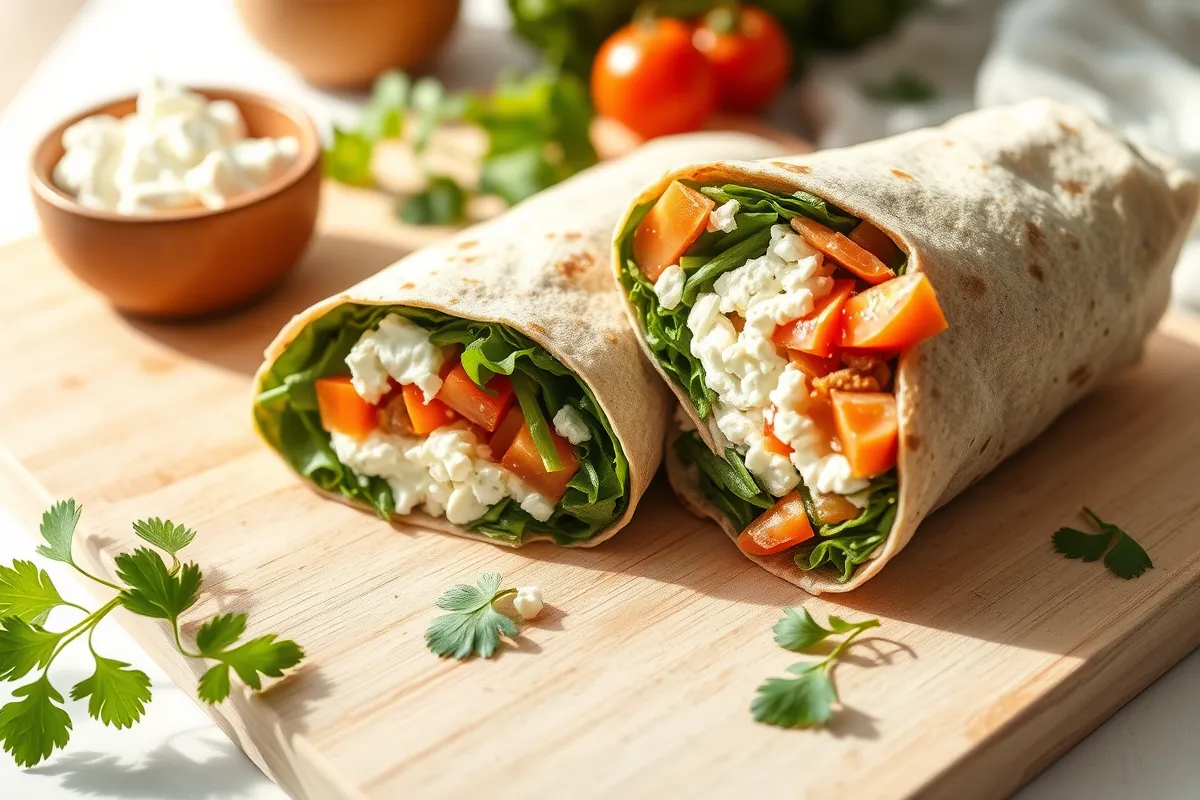 A nutritious cottage cheese wrap filled with fresh vegetables, sliced in half on a wooden board, showcasing a high-protein, healthy meal option