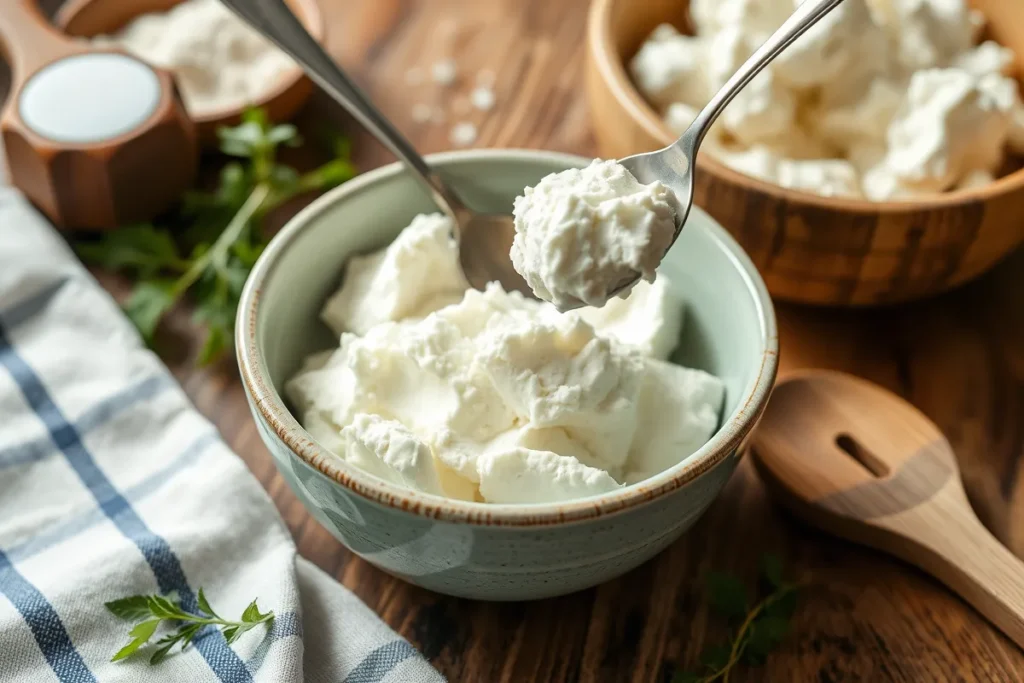 Fresh homemade cottage cheese in a bowl ready for breakfast with a rustic kitchen setup.