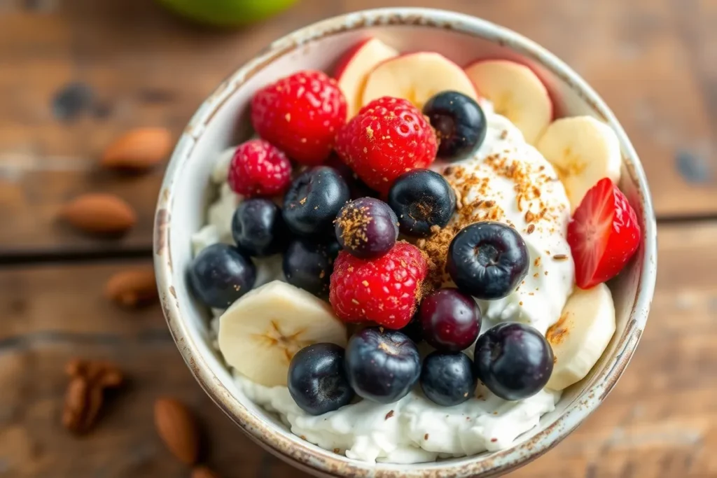 A homemade cottage cheese bowl topped with fresh fruits, chia seeds, almonds, honey, and cinnamon, offering a healthy and delicious breakfast option