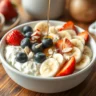 A homemade cottage cheese bowl topped with fresh strawberries, blueberries, banana slices, chia seeds, chopped almonds, and a drizzle of honey, served in a white ceramic bowl on a wooden table