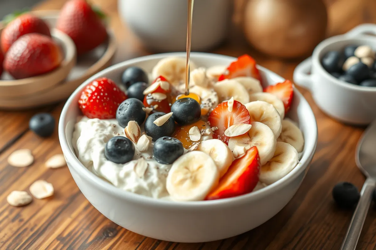 A homemade cottage cheese bowl topped with fresh strawberries, blueberries, banana slices, chia seeds, chopped almonds, and a drizzle of honey, served in a white ceramic bowl on a wooden table