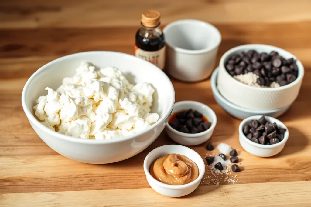 Ingredients for cottage cheese cookie dough including cottage cheese, peanut butter, honey, vanilla extract, almond flour, chocolate chips, and salt arranged on a wooden countertop in warm lighting