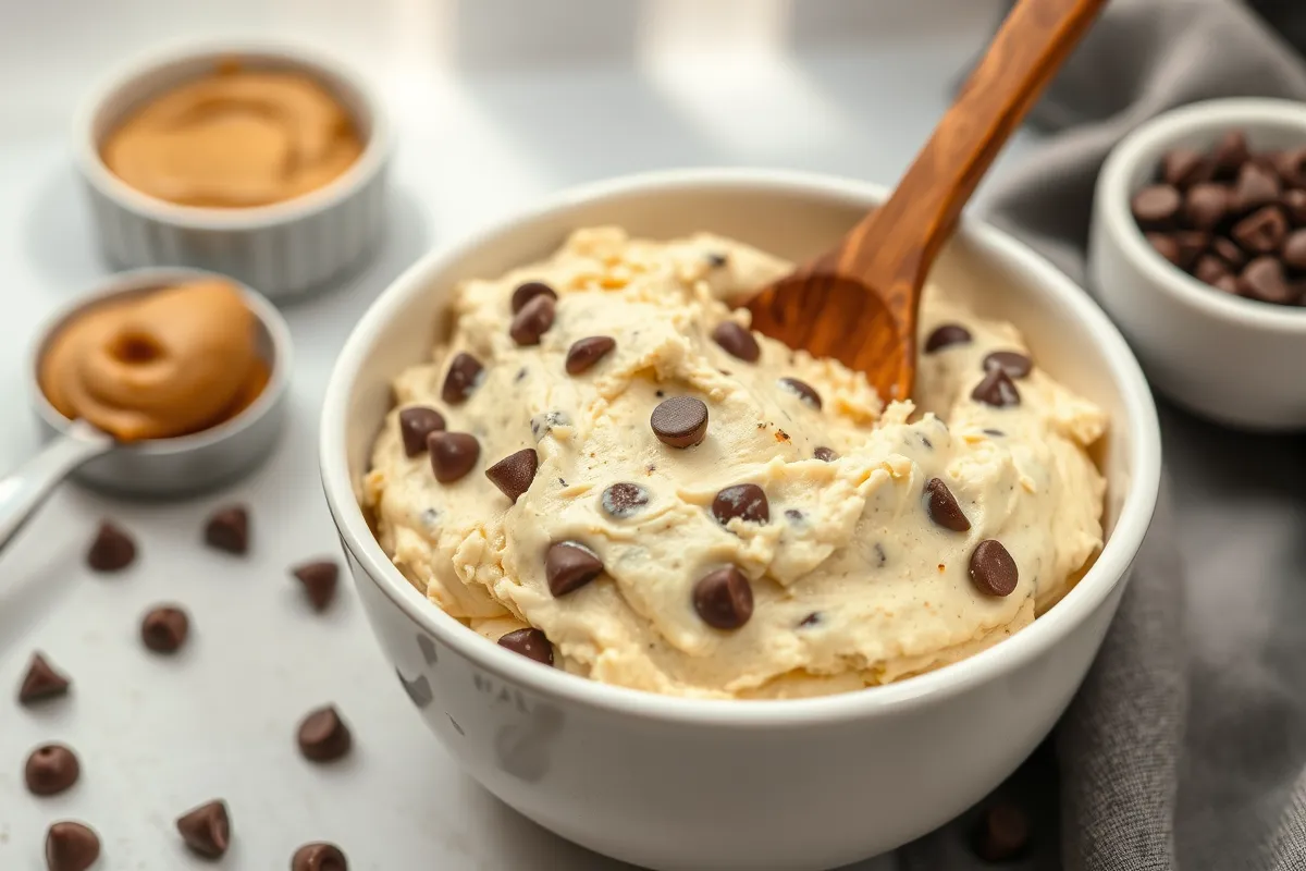 Close-up of homemade cottage cheese cookie dough with chocolate chips in a white ceramic bowl, showing creamy texture and natural ingredients