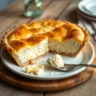 Homemade Cottage Cheese Pie slice on a rustic wooden table, showcasing its creamy interior and golden crust