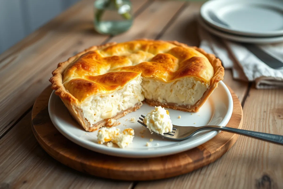 Homemade Cottage Cheese Pie slice on a rustic wooden table, showcasing its creamy interior and golden crust