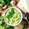 A homemade Cottage Cheese Provolone Pesto served in a white ceramic bowl, garnished with fresh basil, grated provolone, and olive oil, surrounded by fresh ingredients on a rustic wooden board for a cozy and inviting feel