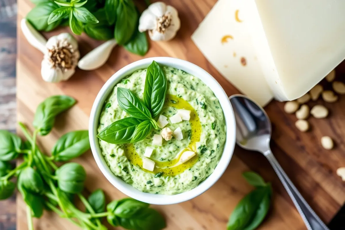 A homemade Cottage Cheese Provolone Pesto served in a white ceramic bowl, garnished with fresh basil, grated provolone, and olive oil, surrounded by fresh ingredients on a rustic wooden board for a cozy and inviting feel